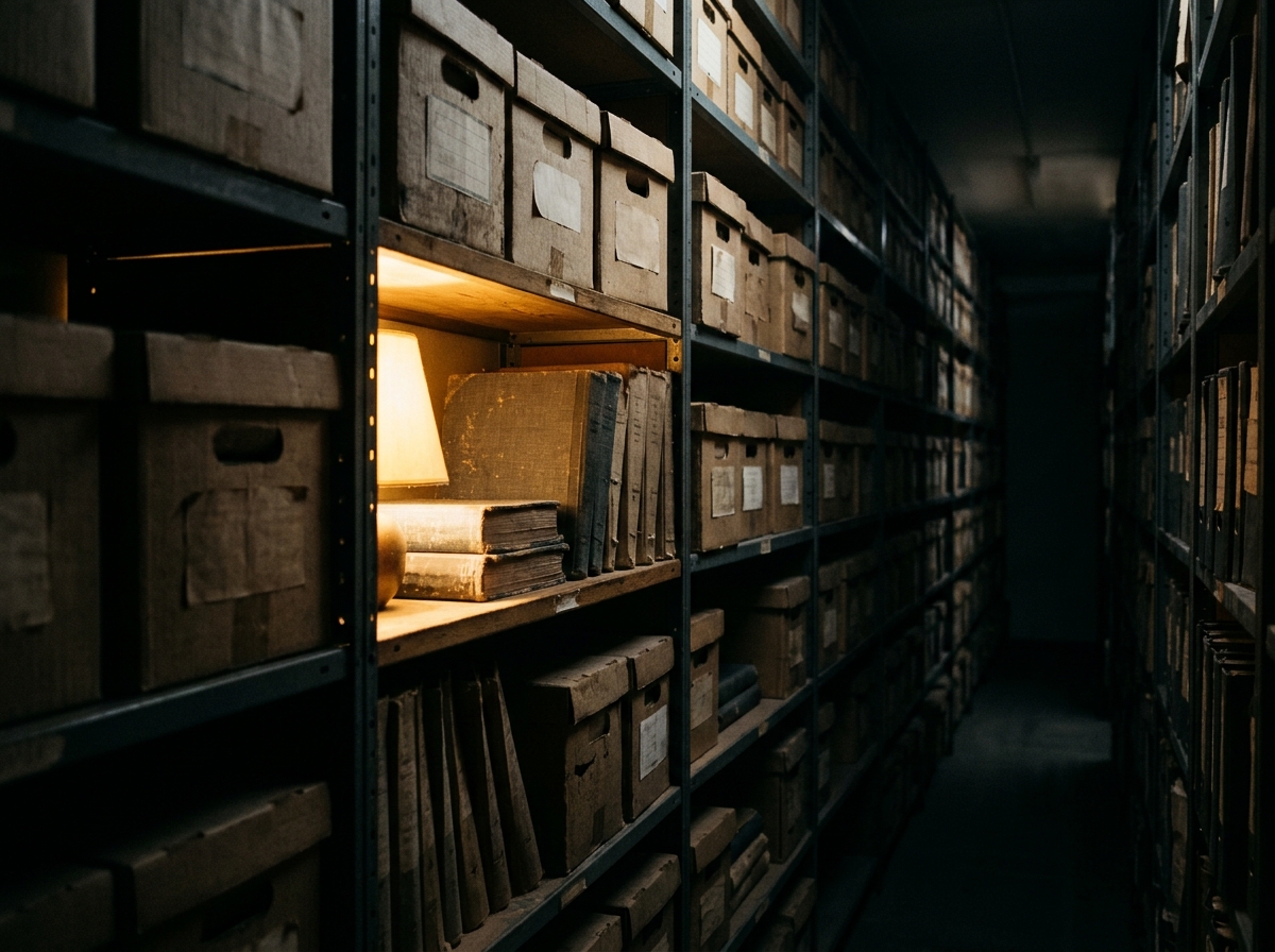 Shelves of archive boxes and bound reports receding into shadow, one shelf caught in lamplight