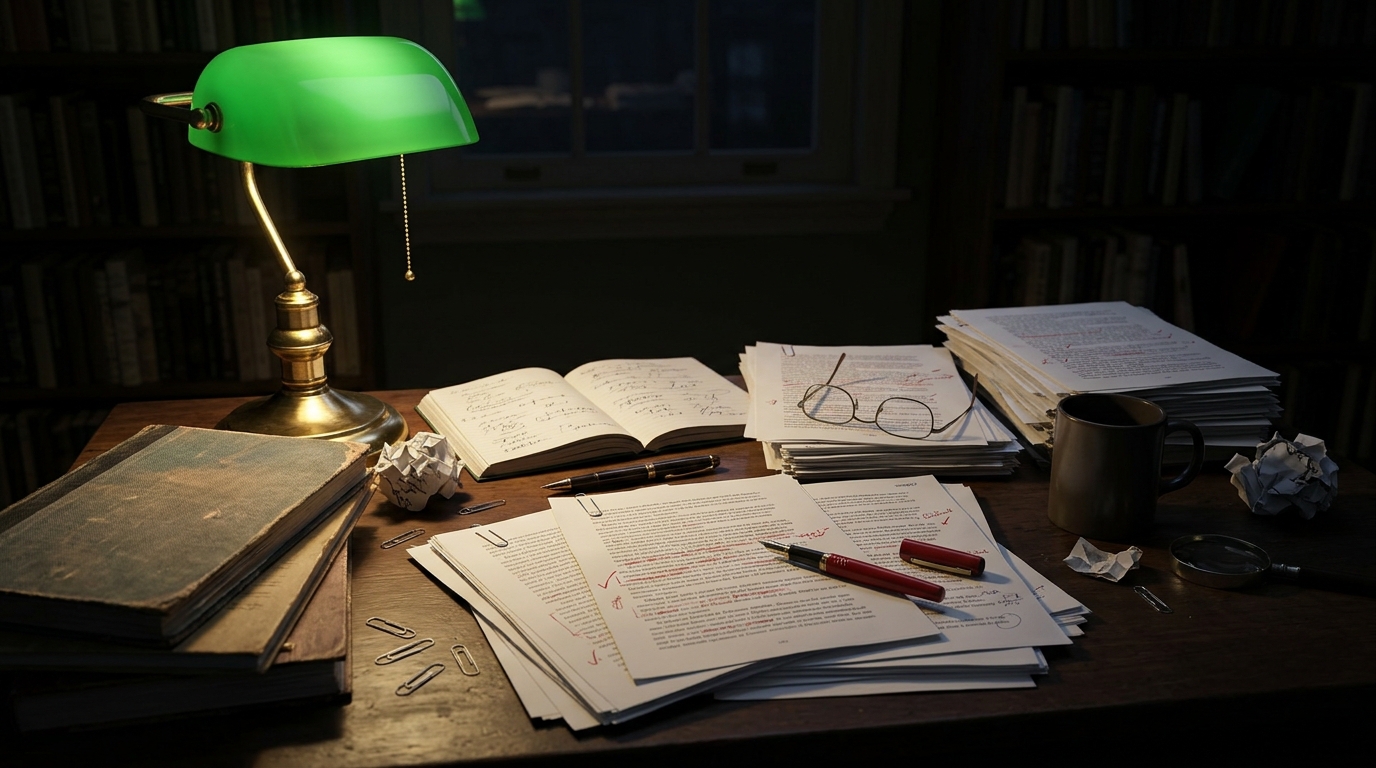 An editor's desk at night with notebooks, a pen and printed proofs lit by a single green-shaded lamp