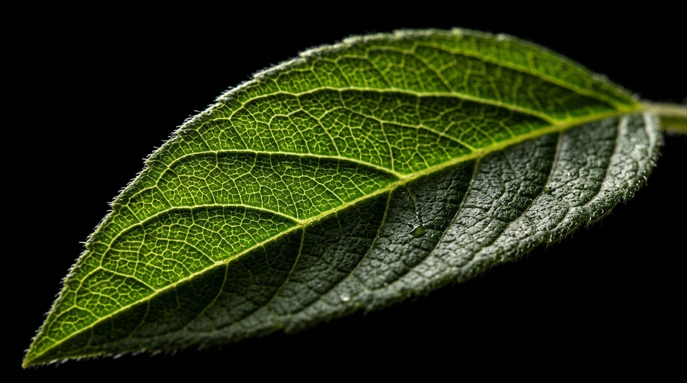 A single green leaf lit from the side, its veins standing out sharply against a black background