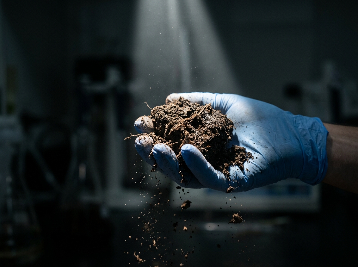 A gloved hand holding a crumbling clod of dark soil under a narrow beam of light