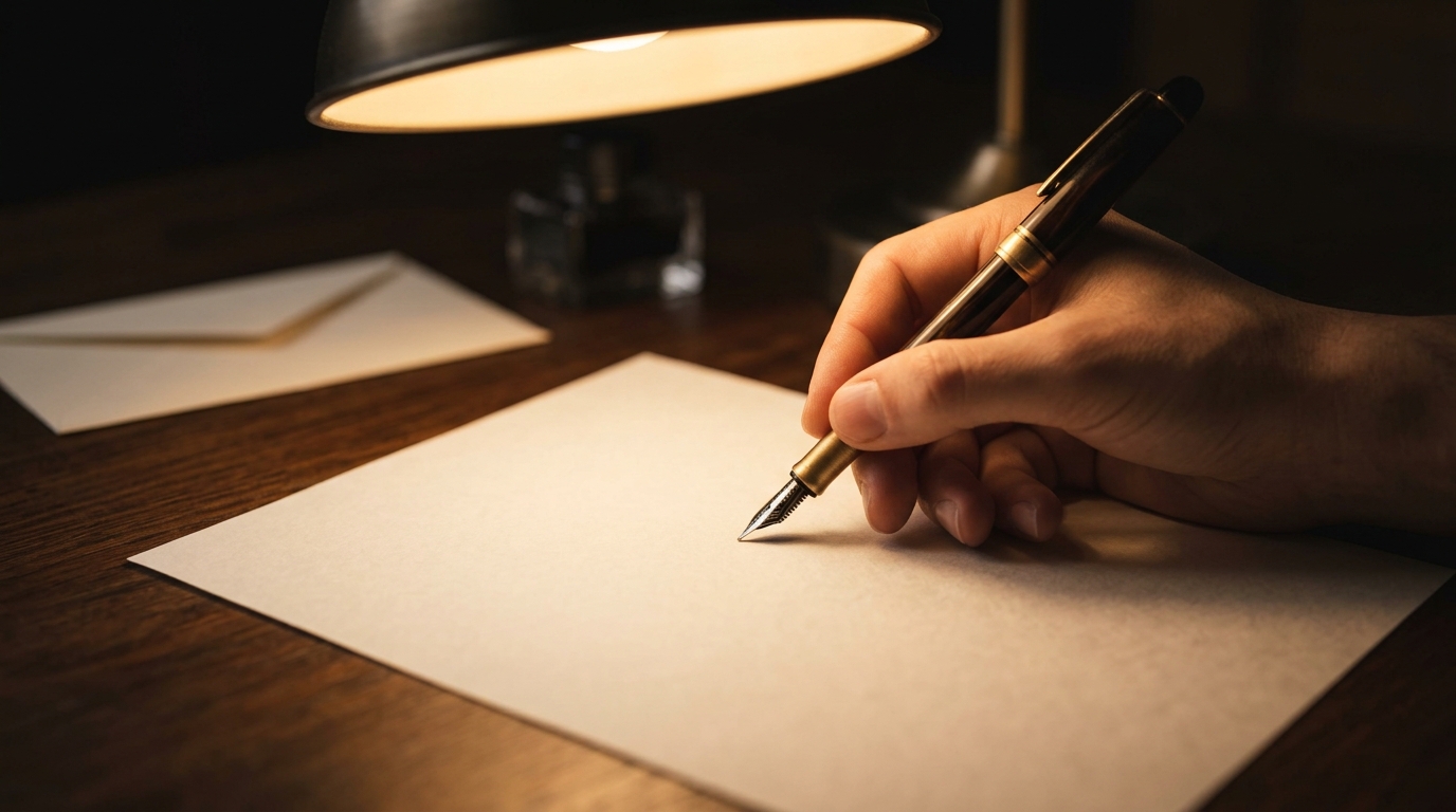 A hand writing a letter with a fountain pen under the warm circle of a single desk lamp