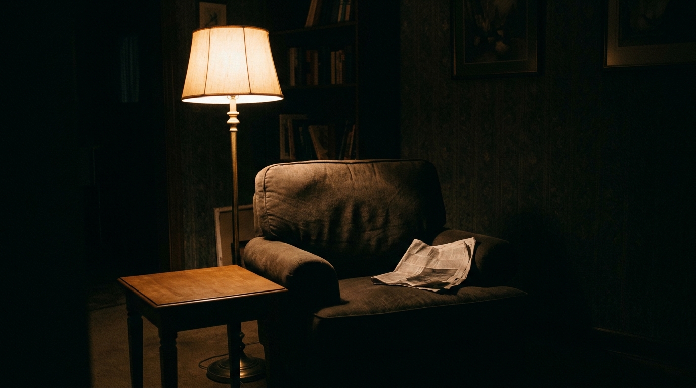 An armchair beside a single reading lamp in a dark room, a folded newspaper on the seat