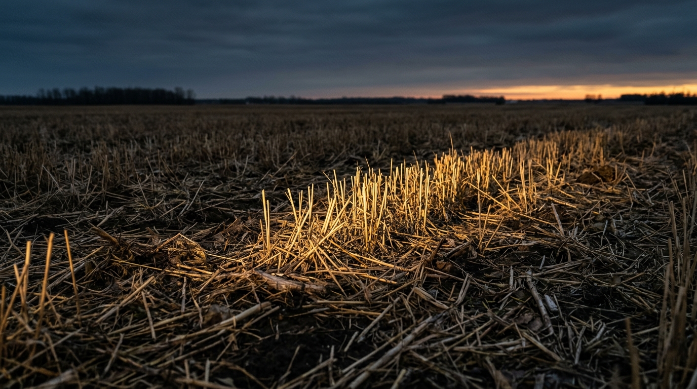 Crop stubble left standing in an untilled field, catching a low shaft of dawn light under a dark sky