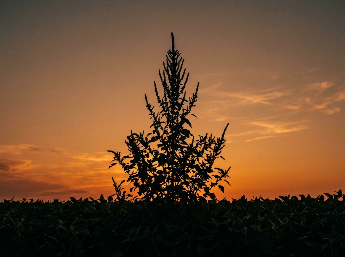 The tall silhouette of a single pigweed plant standing above a crop row against a fading orange sky