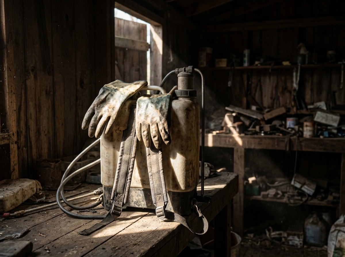 Worn protective gloves resting on a backpack sprayer in a dark shed, a shaft of light from a doorway