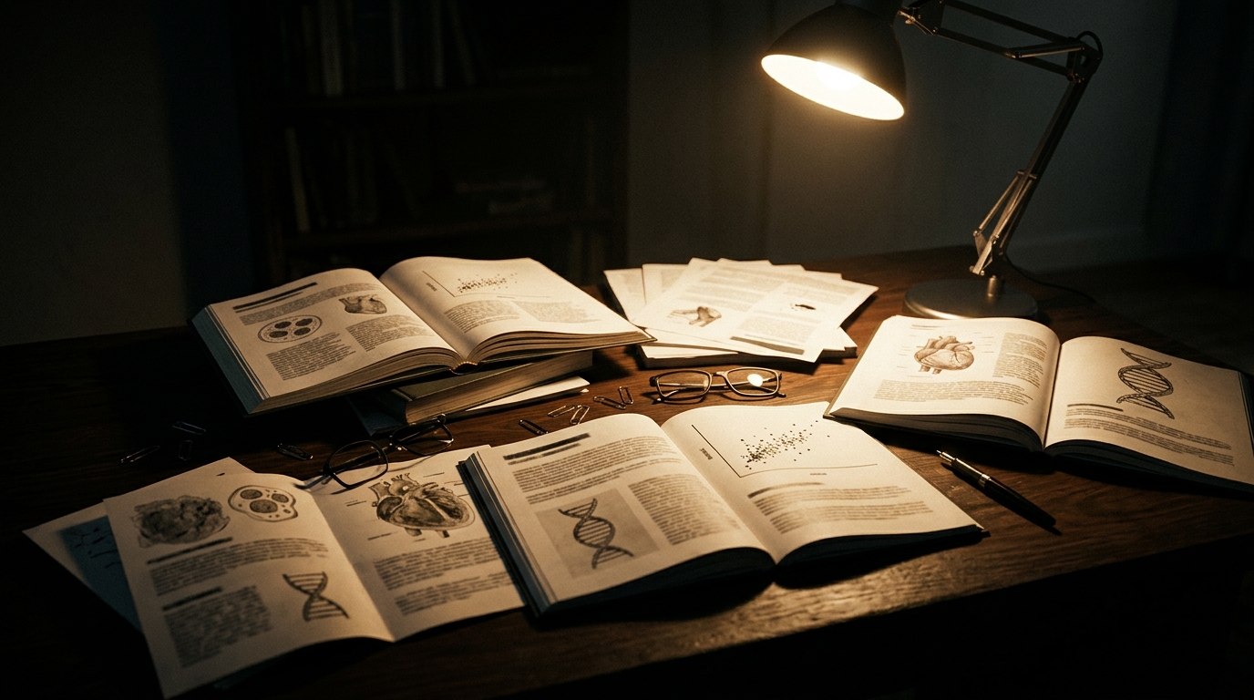 Open scientific journals on a dark desk, a single lamp throwing deep shadows across the pages