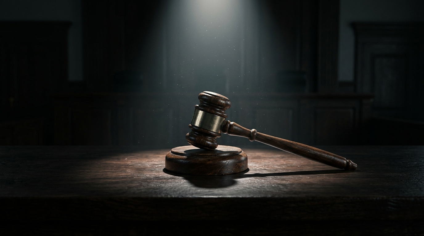 A wooden judge's gavel on a dark bench, picked out by a single overhead spotlight