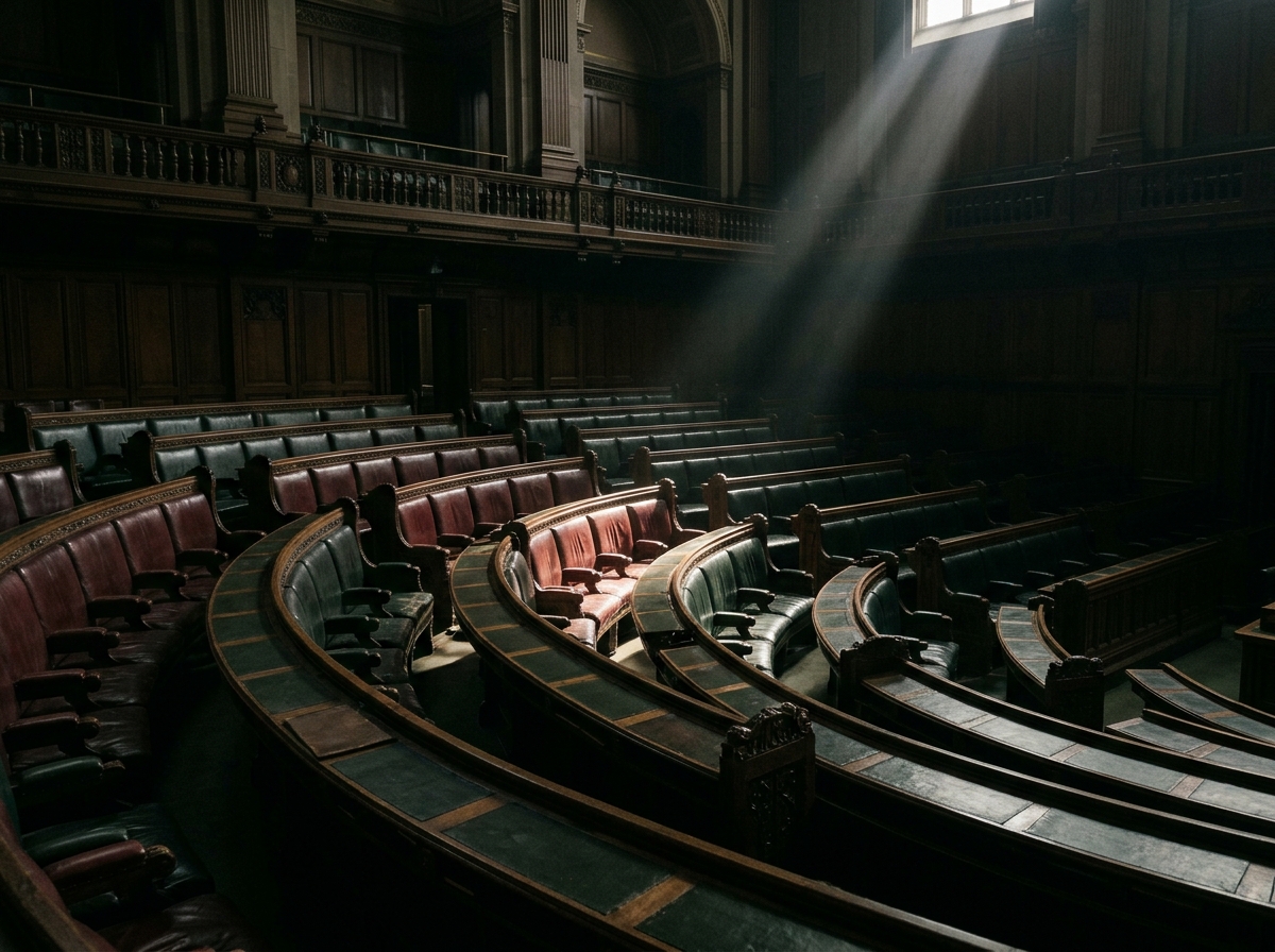 Rows of empty parliamentary seats in a dim chamber, a narrow beam of light falling across them